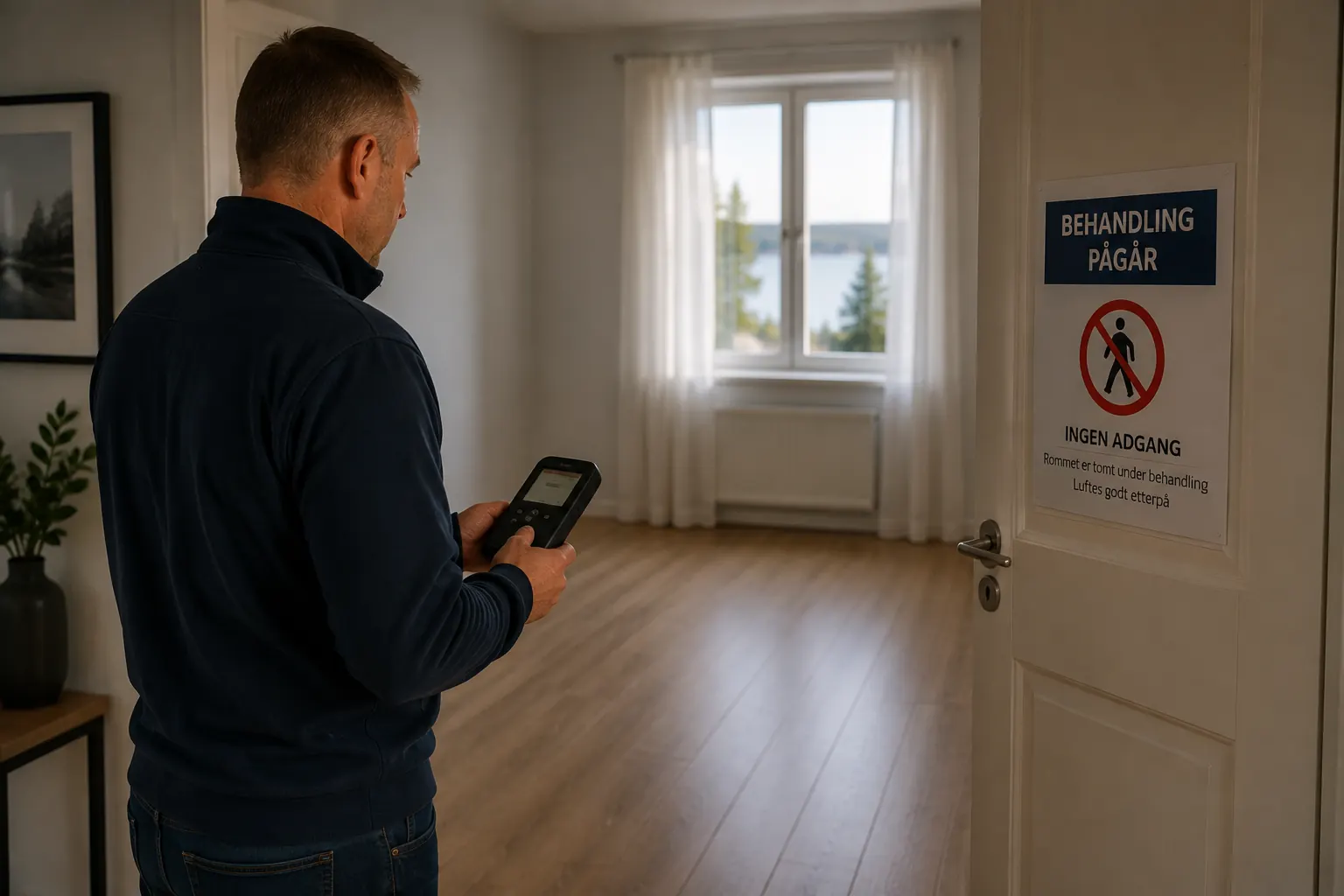 Tekniker måler ozonnivå ved dør merket «Behandling pågår – ingen adgang»