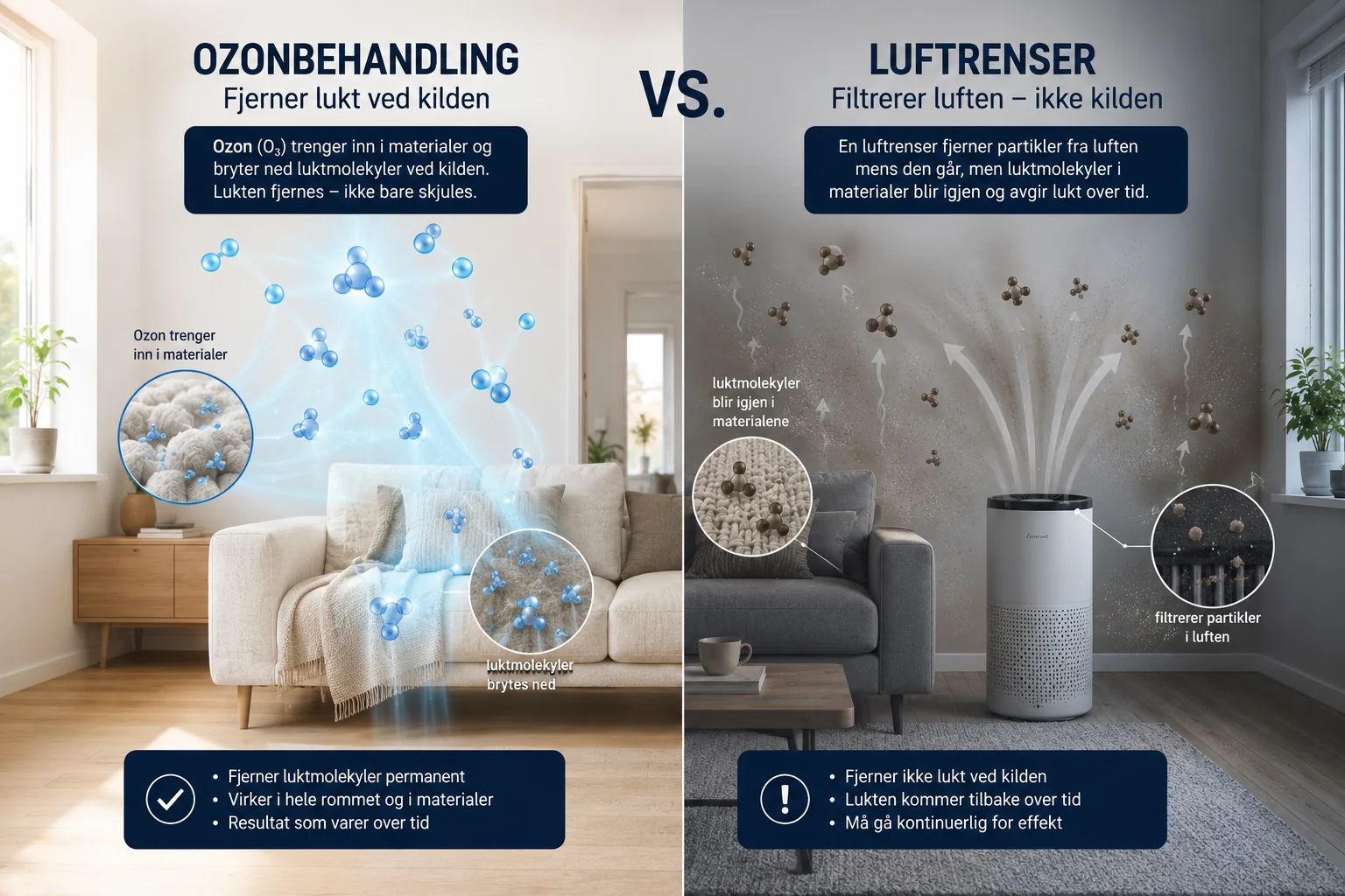 Ozonbehandling fjerner lukt ved kilden – luftrenser filtrerer bare luften – illustrasjon